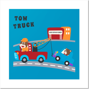 Vector illustration of tow truck cartoon with funny driver Posters and Art